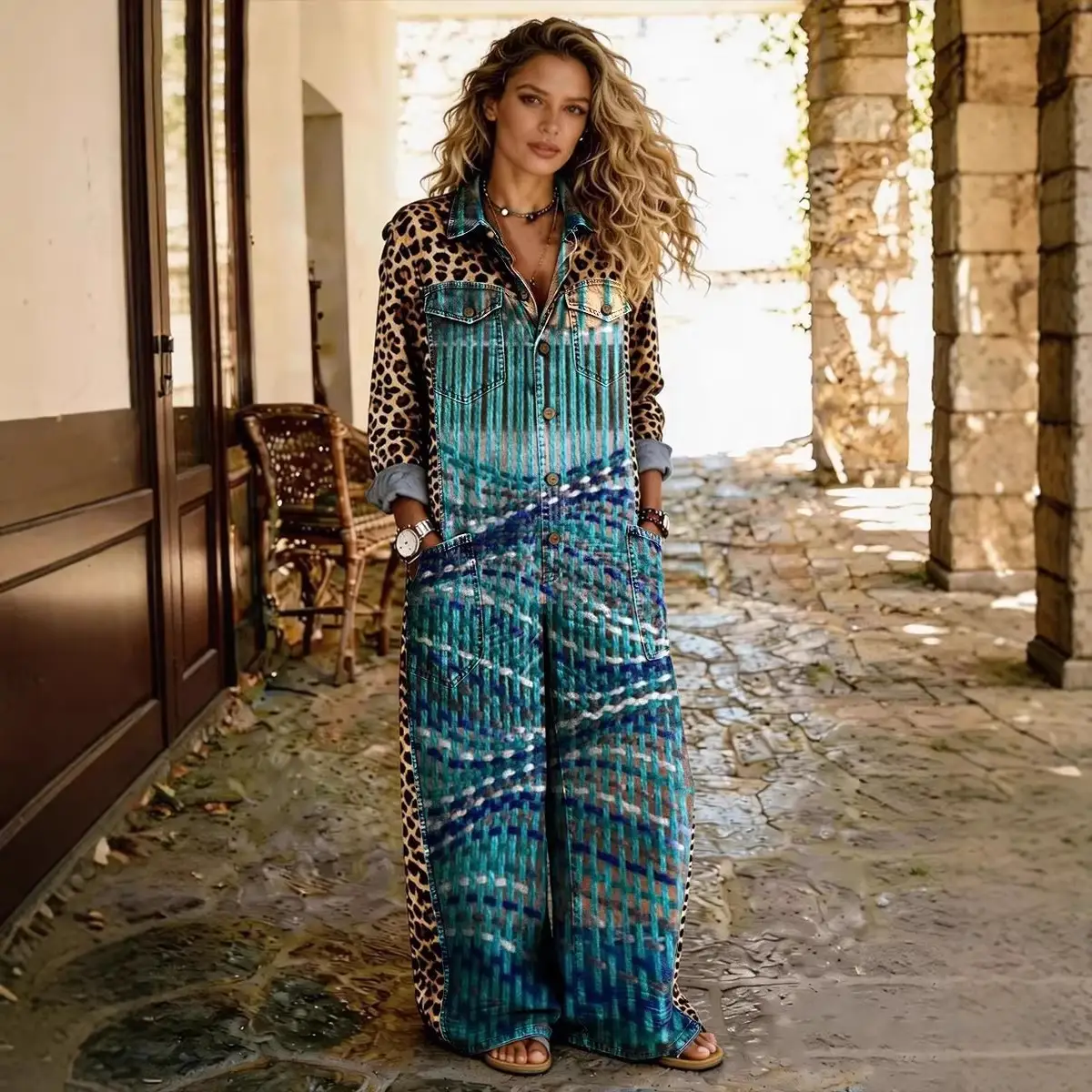 Fashionable Printed Womens Long-Sleeve Lapel Jumpsuit