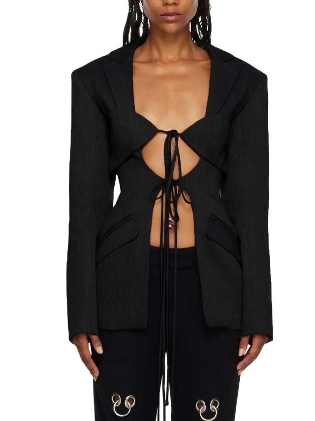 Fashionable V shaped Hollow out Cinched Irregular Blazer Black - Shop at LoveMi