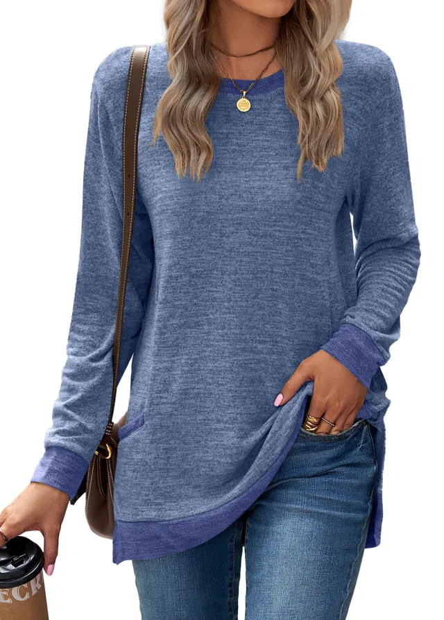 Round Neck Multicolor Pocket Long Sleeve Pullover Top Loose fitting Casual T shirt Dream Blue - Shop at LoveMi