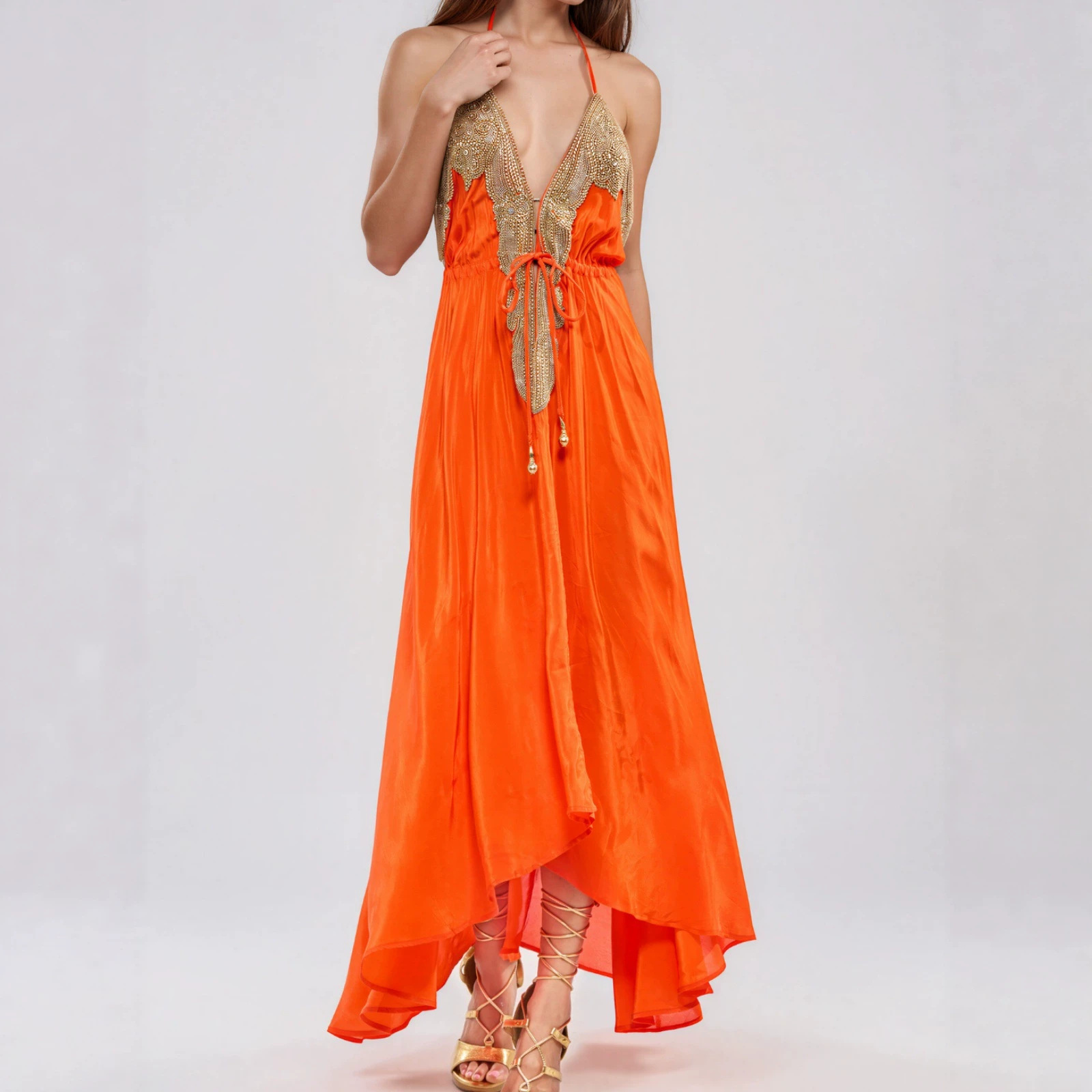 Embroidered Halterneck Drawstring Dress For Women