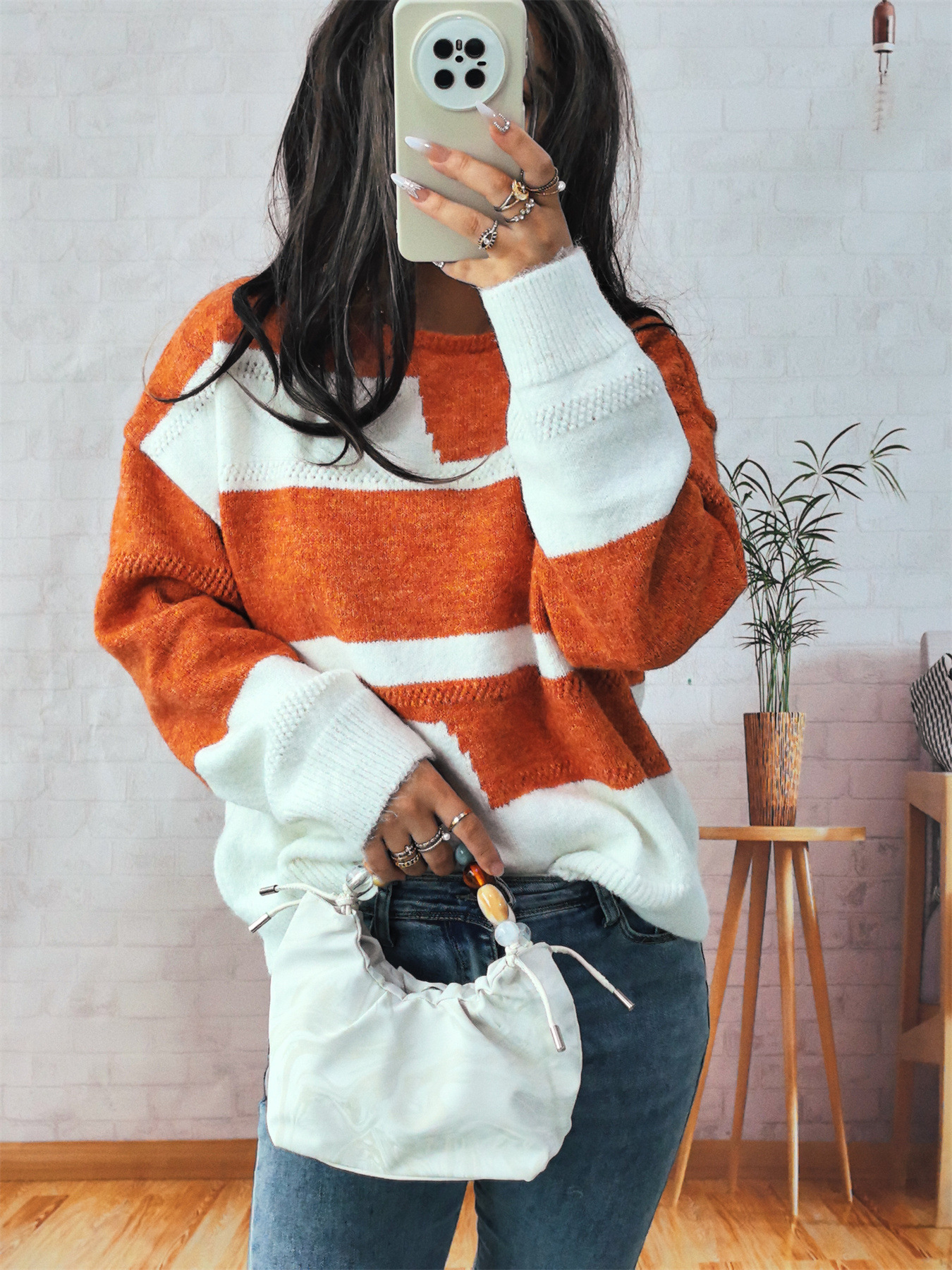 Simple Commute Irregular Contrast Color Round Neck Long Sleeve Sweater