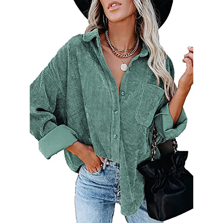 Women's Shirt Solid Color Polo Collar Corduroy Casual Coat - Light Green