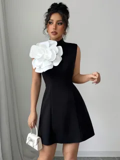 3D Floral A-line Mini Dress With A Cinched Waist And Sleeveless Design - Black - View 1
