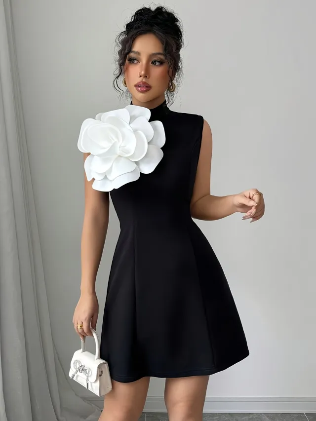 3D Floral A line Mini Dress With A Cinched Waist And Sleeveless Design Black - Shop at LoveMi