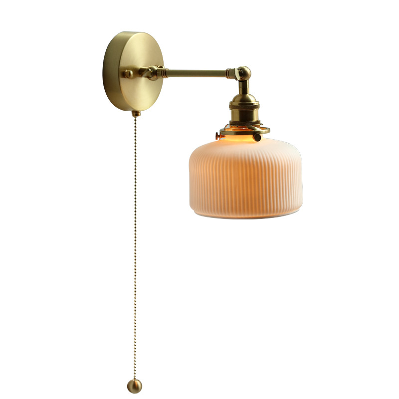 Bedroom Wall Lamp Bedside Living Room Ceramics Copper Rotatable With Drawstring - Image 3