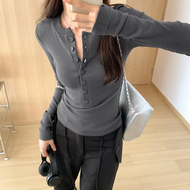 Pure Desire Long Sleeve Slim Design Sense Inner Bottoming Shirt Women Dark Gray - Shop at LoveMi