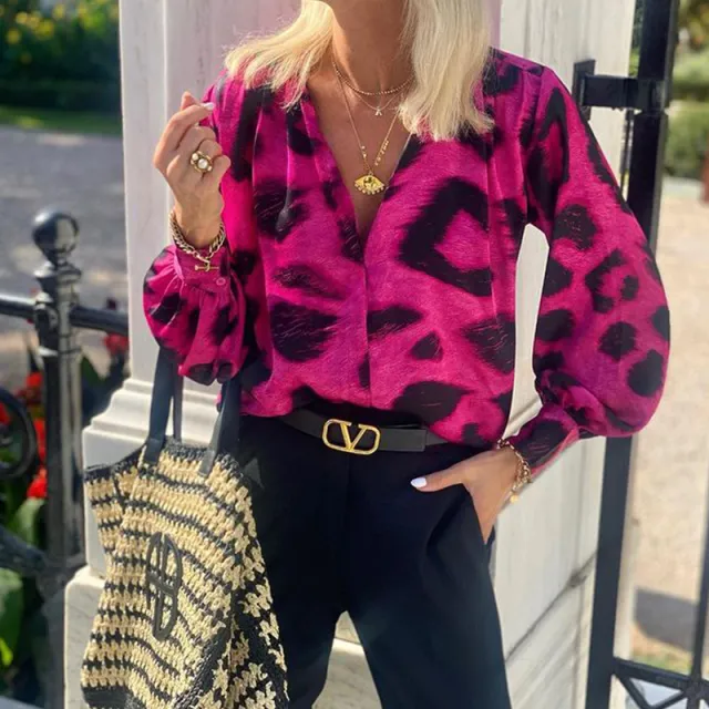 Fashion Special V neck Long Sleeve Bohemian Leopard Top Rose Red - Shop at LoveMi