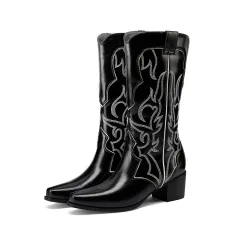 Pointed-toe Red Embroidered Knee-high Boots Chunky Heel - Red - View 1