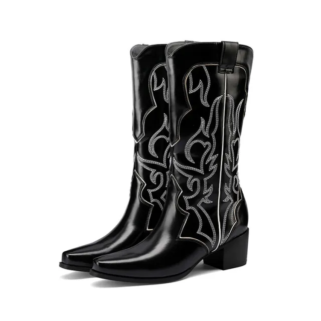 Pointed toe Red Embroidered Knee high Boots Chunky Heel Red - Shop at LoveMi