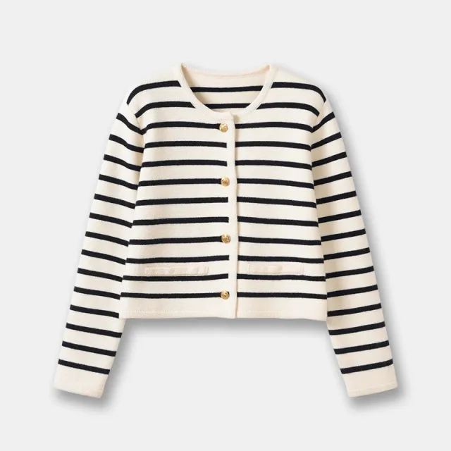 Women's Autumn And Winter New Round Neck Striped Knitted Cardigan Short Coat Black Stripes - Shop at LoveMi