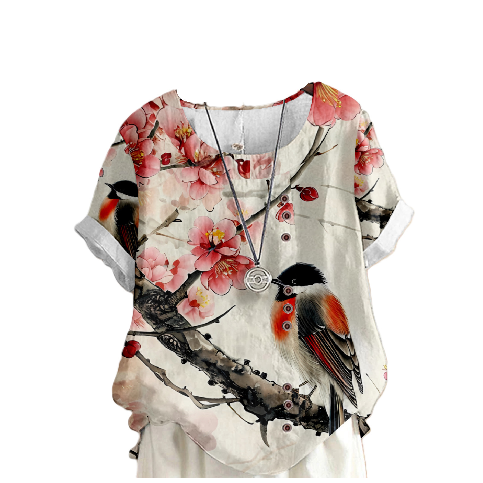 Crew Neck Shirt Pullover Style With A Patchwork Design And Short Sleeves