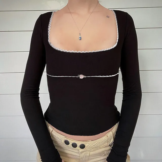 Contrast Patchwork Square Neck T shirt Versatile Slim Fit Casual Bottoming Top Black - Shop at LoveMi