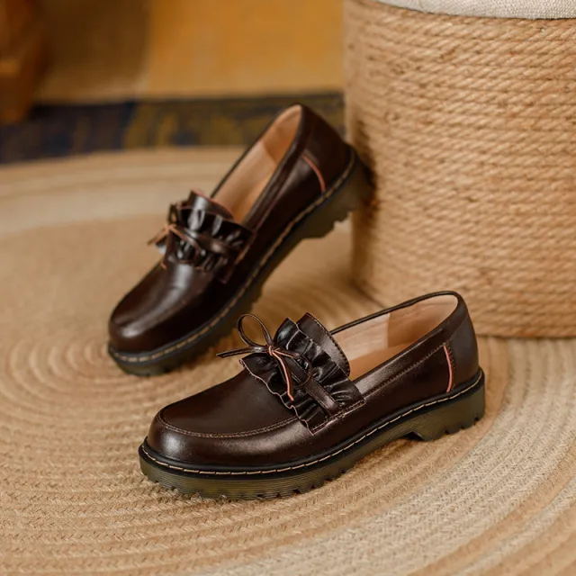 British Style Round Head Chunky Heel Small Leather Shoes For Women Brown - Shop at LoveMi