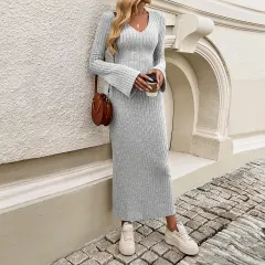 European And American Temperament Waist-controlled V-neck Long Sleeve Narrow Dress - Flower Grey - View 1