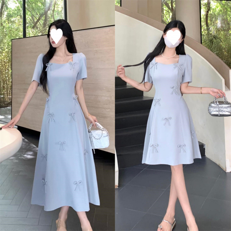 Plus Size Plump Girls French Square Collar Bow Dress Women's Summer Design Sense Waist Slimming
