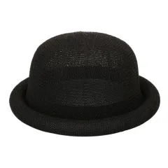 Women's Straw Yarn Curled Brim Round Crown Top Hat Leisure Basin Hat - Black - View 1