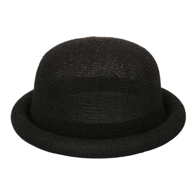 Women's Straw Yarn Curled Brim Round Crown Top Hat Leisure Basin Hat Black - Shop at LoveMi