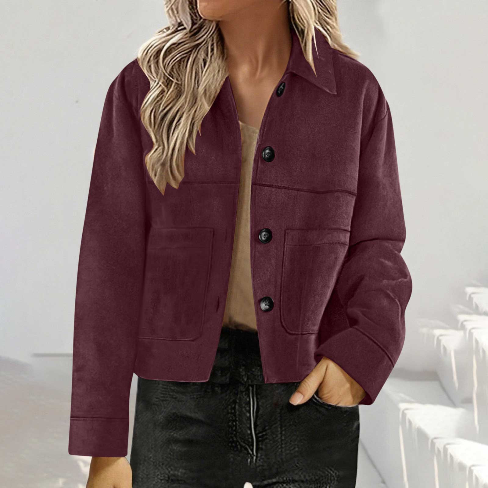 Solid Color Loose Fit Suede Short Jacket For Women 10