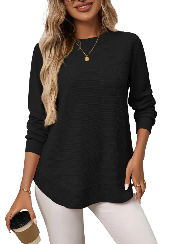 European And American Loose Waffle Casual All match T shirt Knitted Long Sleeve Black - Shop at LoveMi