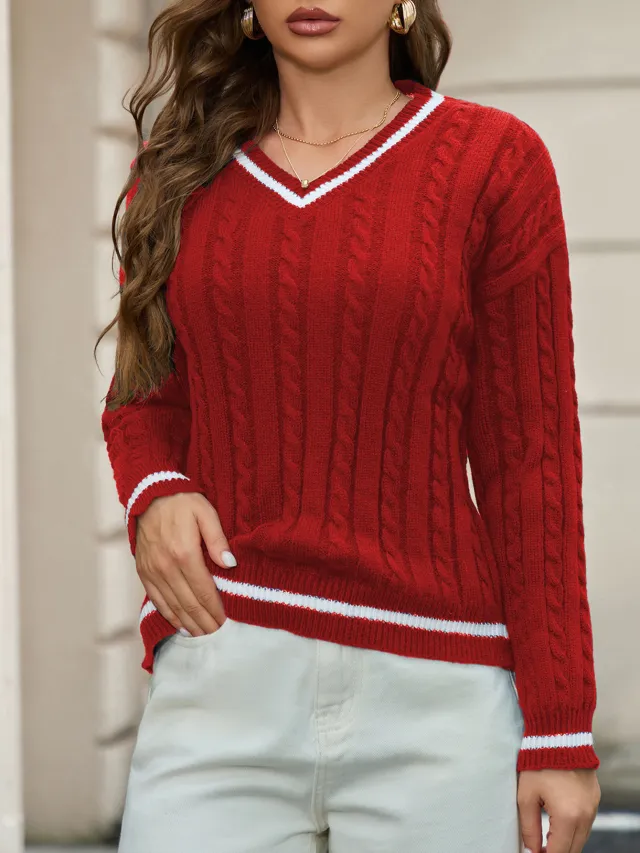 Elegant V neck Sweater Fashionable Loose Twist All match Top For Women Red - Shop at LoveMi