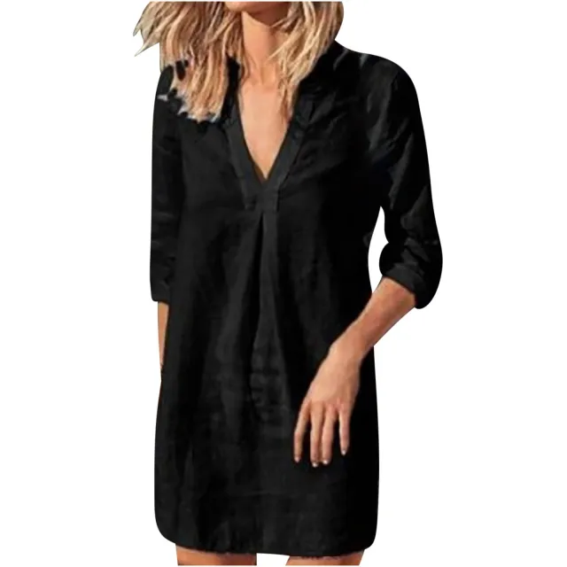 Women's V neck Mid length Casual Long Sleeve Dress Black - Shop at LoveMi