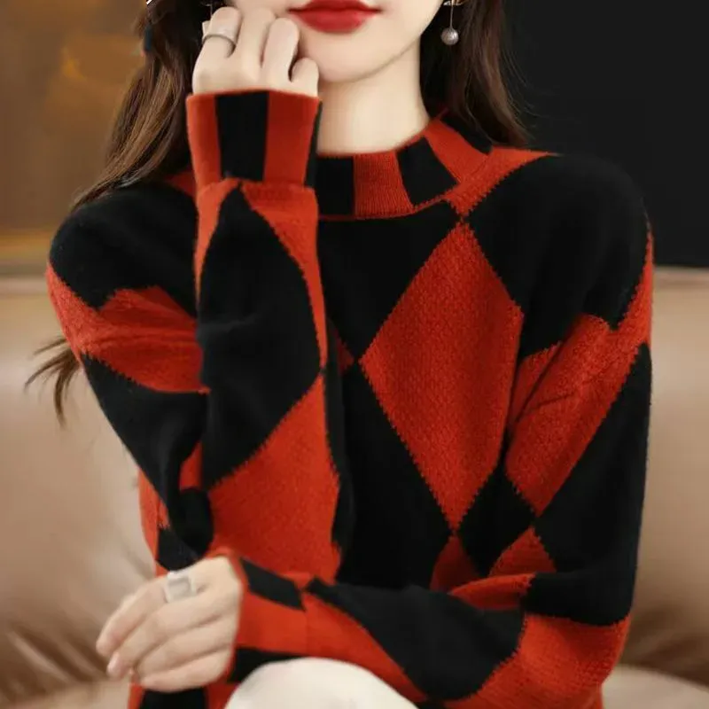 Mock Neck Sweater Bottoming Shirt New Colour Matching - Dark Red