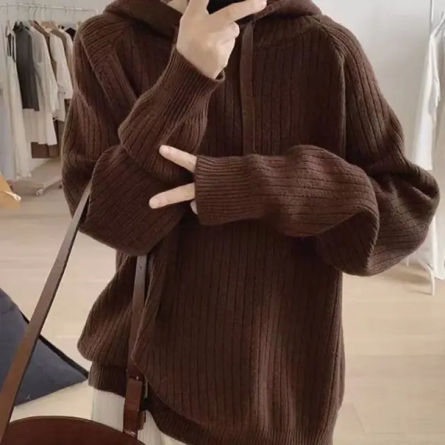 Loose Slimming Sunken Stripe Knitwear Outer Wear Inner Wear Korean Style Loose Hooded Pullover Coffee - Shop at LoveMi