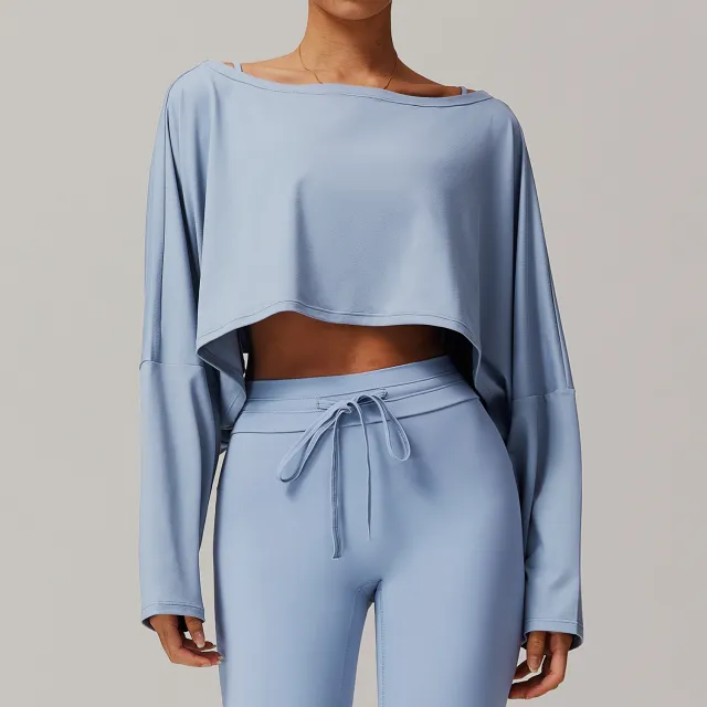 Fitness Sports Long sleeved Top Women's Off shoulder Batwing Sleeve Gray Blue - Shop at LoveMi