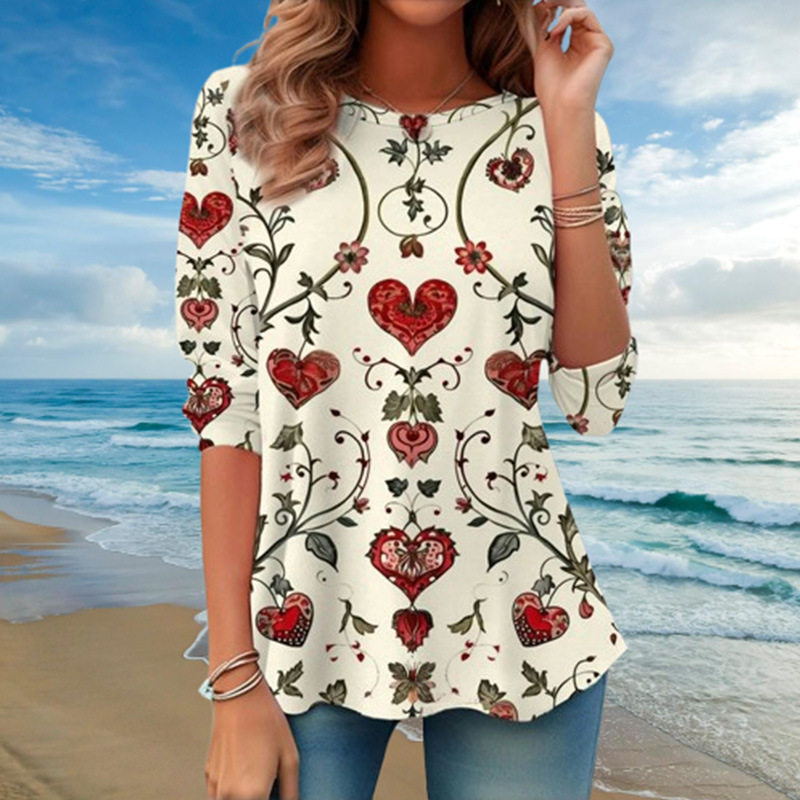 Women's Round Neck Heart-shaped Plant Loose Top
