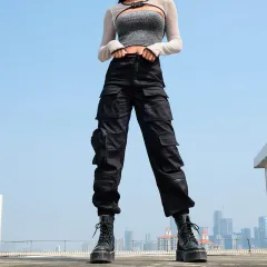 Women's Multi-pocket BF Hip Hop Ankle Banded Working Pants Trousers - Black - View 1