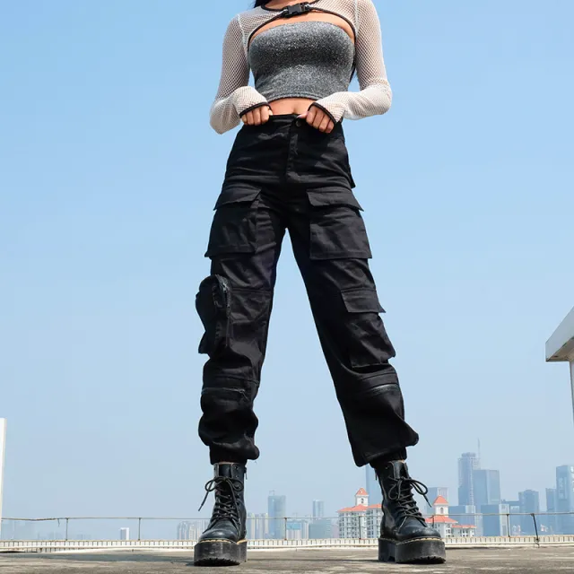 Women's Multi pocket BF Hip Hop Ankle Banded Working Pants Trousers Black - Shop at LoveMi