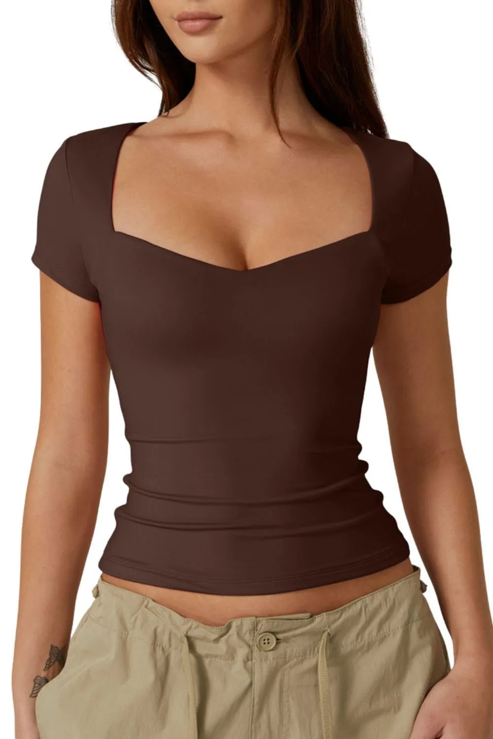 Cross-border Women's Heart-shaped Collar Short Sleeve T-shirt Women's Solid Colour Slim Basic Fashion Exposed Navel - No 170-M