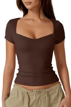 Cross-border Women's Heart-shaped Collar Short Sleeve T-shirt Women's Solid Colour Slim Basic Fashion Exposed Navel - No 170-M - View 1