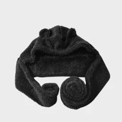 Cute Bear Hat Scarf Integrated Women's Autumn And Winter Plush Thickened Hat Scarf Integrated Three-piece Suit - Black - View 1