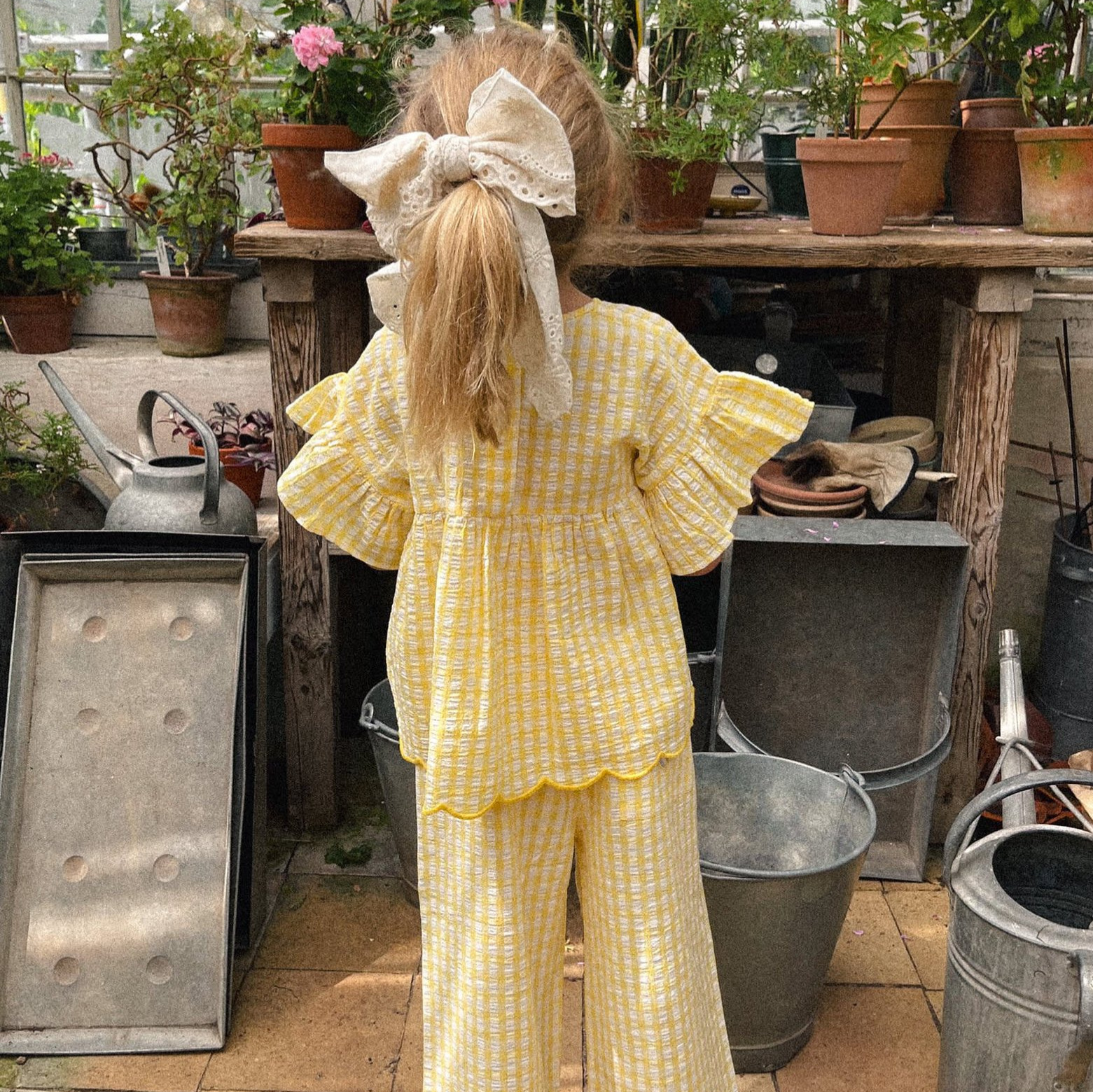 Summer Nordic-style Ruffle-sleeve Yellow Plaid Loose Short-sleeve Kids Set