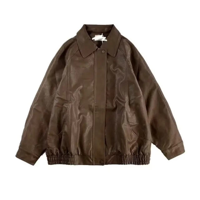 Japanese style Retro Distressed Lapel Pu Jacket Brown - Shop at LoveMi