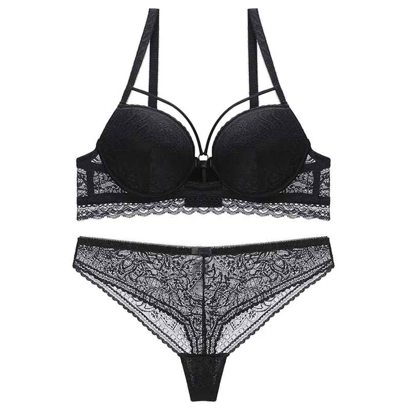 Lace Push Up Large Size Bra Set - Black