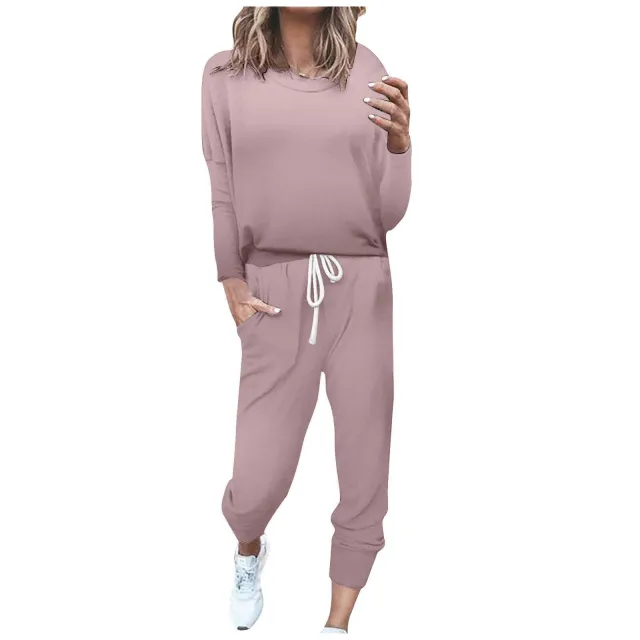 European And American Solid Color Artificial Cotton Casual Long Sleeve Pants Two piece Set Pink - Shop at LoveMi