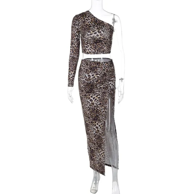 Printed Shoulder Midriff baring Top Skirt Suit Leopard Print - Shop at LoveMi