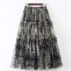 Ink Printing Skirt Elastic Waist Stitching Yarn - Black - View 1
