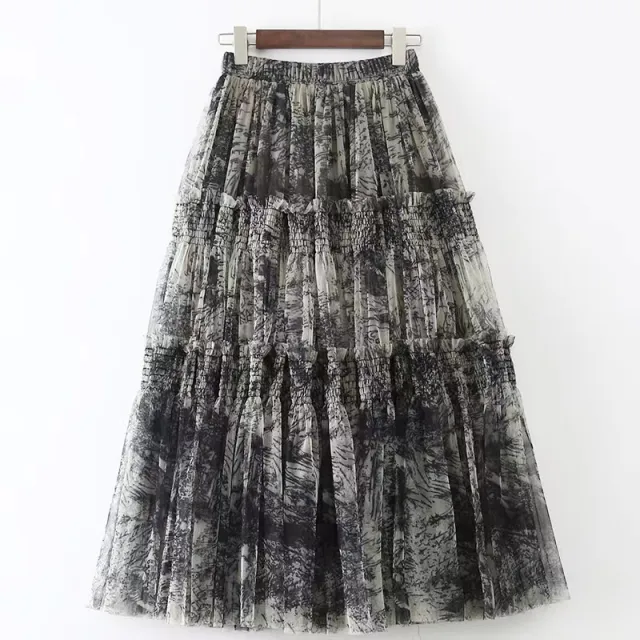 Ink Printing Skirt Elastic Waist Stitching Yarn Black - Shop at LoveMi