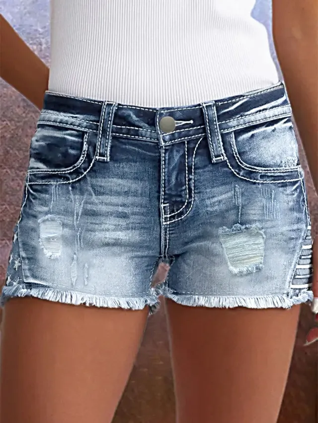 European And American Women's Clothing Stretch Slim Fit All match Ripped Denim Shorts Navy Blue - Shop at LoveMi