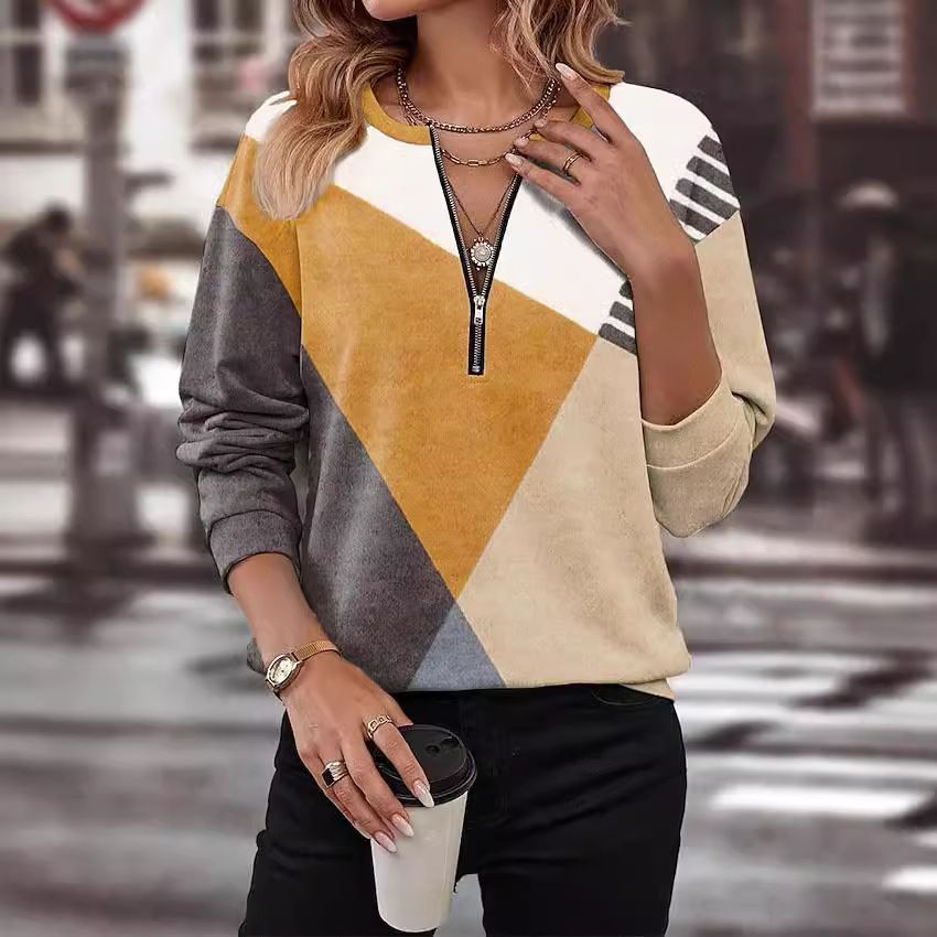 Autumn Winter Assorted Colors Loose Zip Long Sleeve V-neck Sweatshirt - Image 14