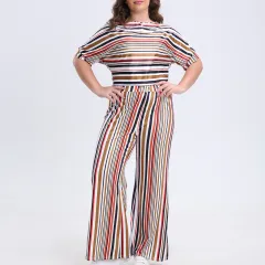 Striped Batwing Sleeve T-shirt Pants Casual Suit - Stripes - View 1