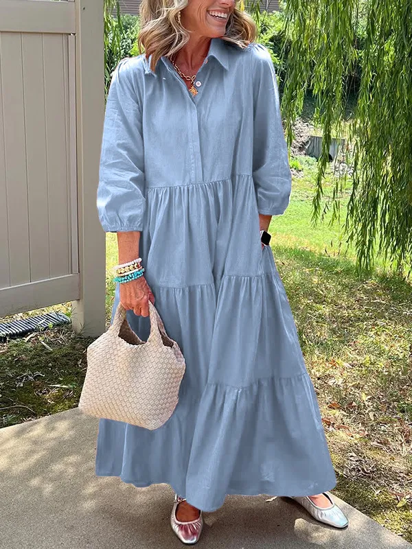 Casual Loose Lapels Mid sleeve Large Swing Dress Blue - Shop at LoveMi