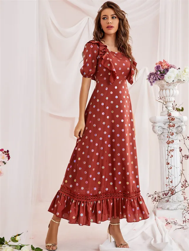 Bohemian Style Bronzing Polka Dot Dress Brick Red - Shop at LoveMi