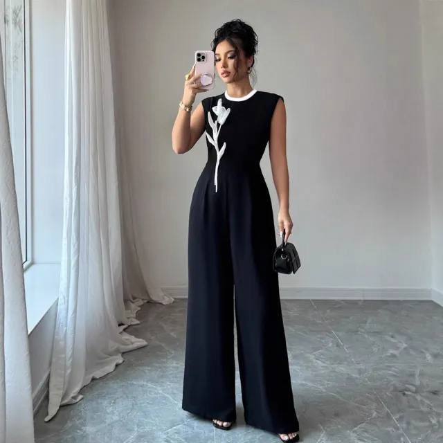 Elegant Embroidered Black Crew Neck Sleeveless Wide Leg Jumpsuit Black - Shop at LoveMi