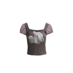 American Y2g Square Collar Rabbit Printed Puff Sleeve Short Sleeve - Gray - View 1
