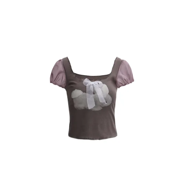 American Y2g Square Collar Rabbit Printed Puff Sleeve Short Sleeve Gray - Shop at LoveMi