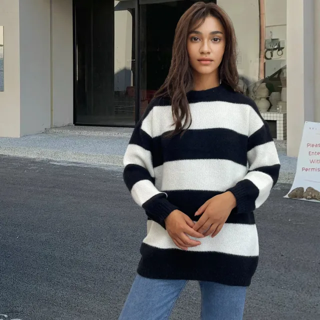 European And American Round Neck Long Sleeve Knitted Black And White Stripes Contrast Color Wool Tops Women Black - Shop at LoveMi